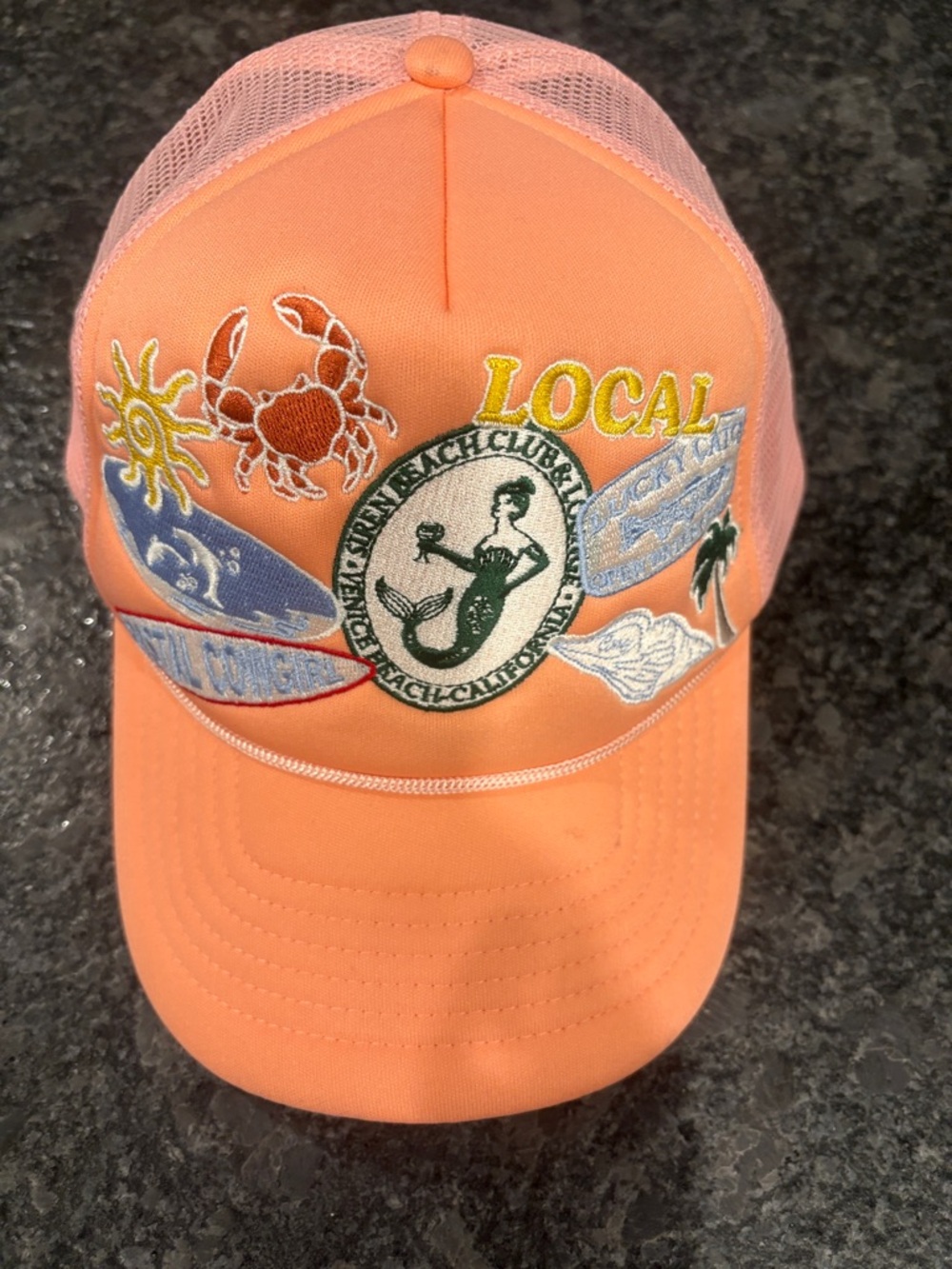 Anthropologie Coral Pink Mesh Trucker Hat with Embroidered Beach Patches